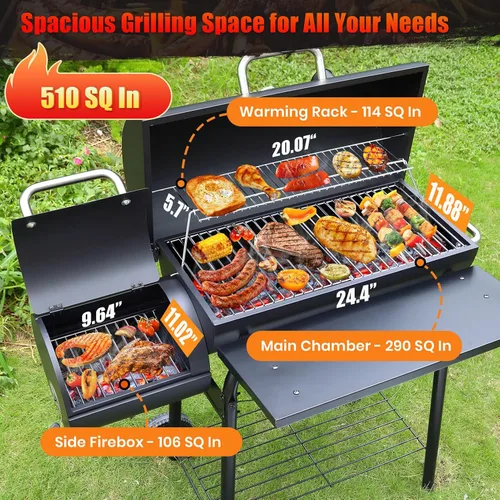 Vista 2 de Realcook Parrillas de carbón con ahumadores Offest: Parrilla de barbacoa de carbón de barril espaciosa Combo de parrilla para ahumar barbacoa