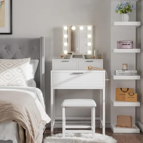 Vista 9 de BOLUO - Escritorio de maquillaje blanco con espejo de Hollywood y luces, juego de tocador para niñas con taburete, mesa de maquillaje compacta