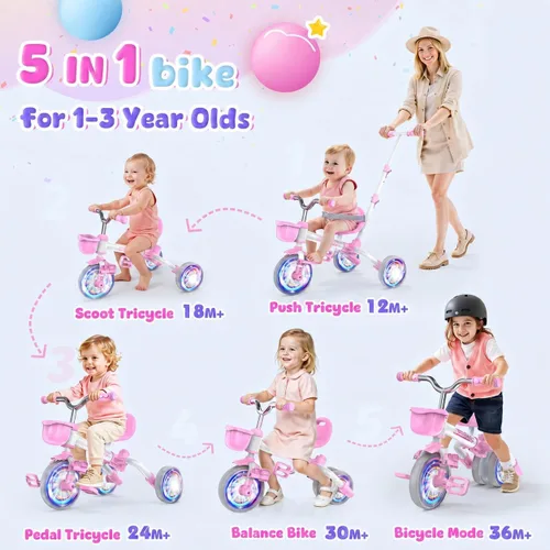 Vista 2 de Kkdi Bicicleta 5 en 1 para niños de 1 a 3 años, triciclo rosa con mango