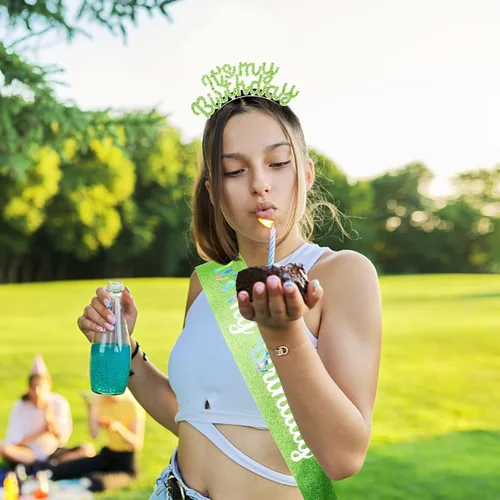 Vista 5 de BAHABY Coronas de cumpleaños para mujer, juego de banda y diadema de cumpleaños, banda de cumpleaños de princesa y tiara de diamantes de imitación