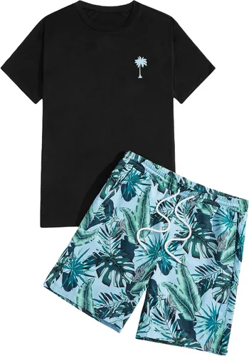 Vista 45 de GORGLITTER Conjunto de 2 piezas de camiseta gráfica de manga corta para hombre, estampado hawaiano con cordón y pantalones cortos