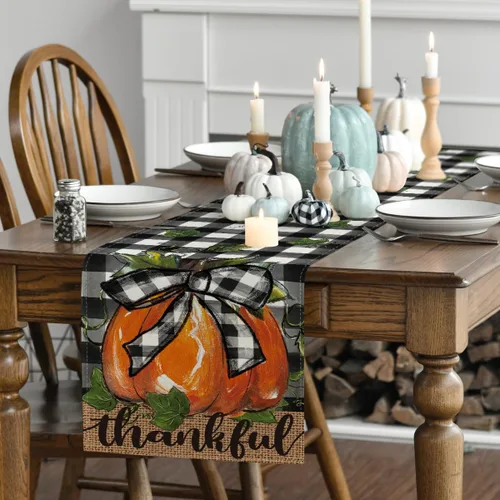 Vista 3 de Artoid Mode Camino de mesa de otoño agradecido con lazo, diseño de calabaza, Acción de Gracias, cocina, comedor, decoración para el hogar, fiesta