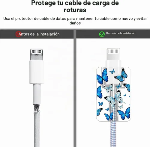 Vista 4 de Lindos protectores de cable para iPhone Funda de carga bonita elegante patrón de mariposas azules diseño único cable de datos cargador de línea