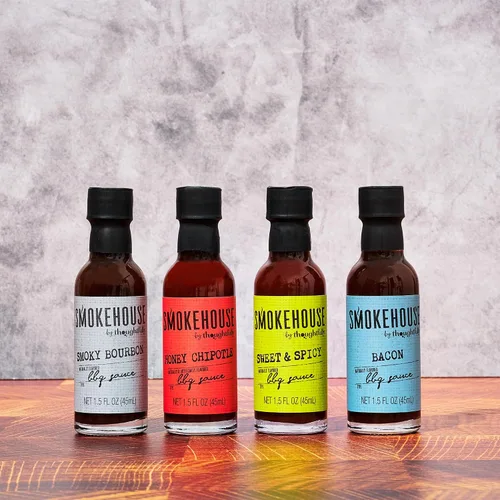 Vista 3 de Smokehouse by Thoughtfully, juego de muestras de salsa gourmet para barbacoa, vegano y vegetariano, los sabores incluyen chipotle de miel, bourbon