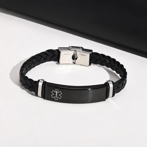 Vista 5 de MEALGUET Pulseras médicas personalizadas para hombres: grabado gratuito de acero inoxidable negro y cuero trenzado pulsera de alerta médica