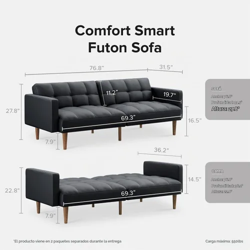 Vista 2 de Mopio - Sofá cama tipo futón de 76.4 pulgadas, estilo capitoné, sofá cama (negro medianoche) Easy-clean surface reclines flat for visitors; a