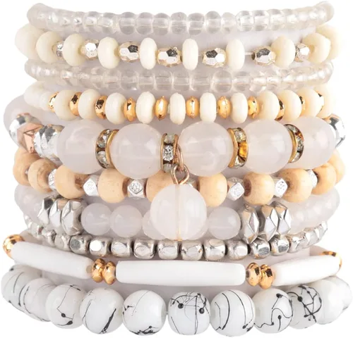 Vista 3 de RIAH FASHION Bohemian Multi-Layer Beaded Pendant Statement Stretch Strand Bracelet - Sparkly Bead Tassel Pom Pom Star Charm Stack Cuff Bangles