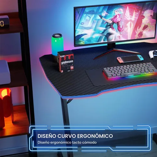 Vista 6 de PayLessHere Mesa de Juegos de 35" Azul Escritorio de Computadora en Forma de Z con Marco de Acero, Gancho para Auriculares, Pies Ajustables