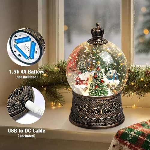 Vista 4 de Linterna de Globo de Nieve Navideño con Purpurina, Luz Musical de Globo de Nieve con Temporizador, Caja de Música con Alimentación USB y por