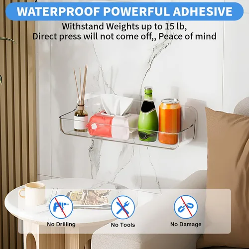 Vista 3 de Diesisa Organizador de pared acrílico de 2 piezas, estante adhesivo, organizadores de pared, sin perforaciones, estantes de baño, estante de pared