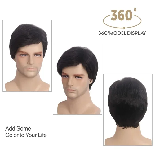 Vista 4 de H&B - Pelucas cortas negras para hombre, pelucas onduladas para hombres, peluca de cabello sintético natural para hombres, hombres, cosplay, fiesta