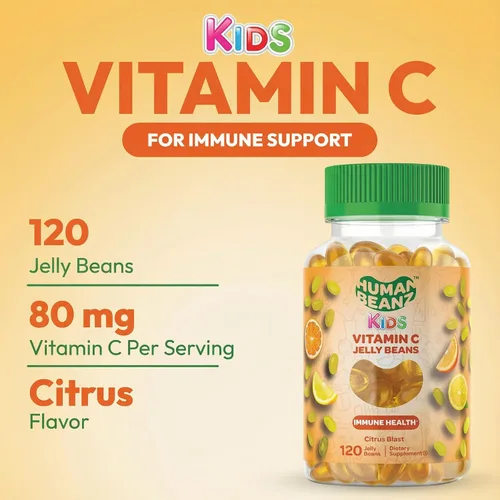 Vista 2 de Human Beanz Gomitas de gelatina de vitamina C para niños, suplementos dietéticos de apoyo inmunológico, vegetariano, 120 granos de gelatina Citrus