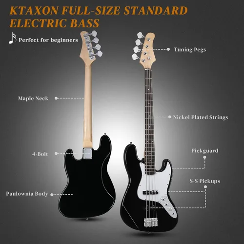 Vista 2 de Ktaxon Bajo eléctrico con amplificador de 20 W, kit de bajo eléctrico de 4 cuerdas para diestros para principiantes y profesionales con bolsa, Negro