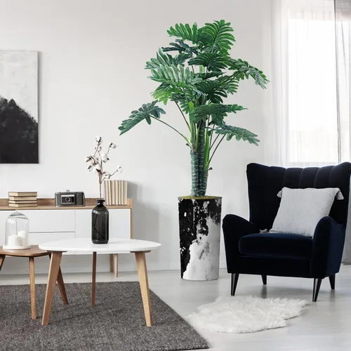 Vista 8 de Árbol artificial en macetero contemporáneo con efecto de granito, palmera tropical areca artificial de seda para decoración del hogar en interiores