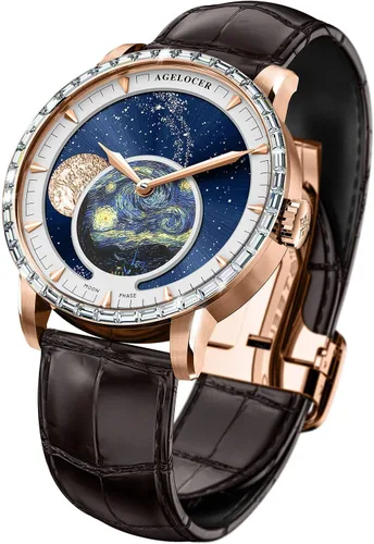 Vista 2 de AGELOCER Reloj mecánico automático de lujo para hombre con fase lunar azul diamante
