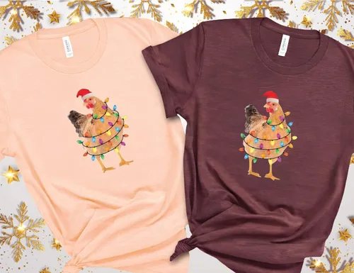 Vista 5 de Funny Christmas Chicken Shirt, Santa Hat Chicken Lights Tee Sweatshirt Hoodie, Farm Animal Holiday Graphic T-Shirt, Cute Country for Women Black
