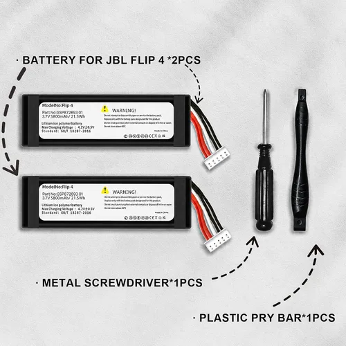 Vista 8 de 2026 New Upgraded 5800mAh Replacement Battery for Flip 4, 2 Pack Rechargeable for jbl flip 4 battery, Compatible with Flip4 GSP872693 01, With Tool