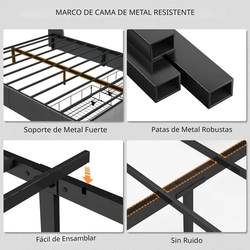 Vista 8 de Base de cama matrimonial tapizada con respaldo alero con 2 cajones de almacenamiento y luces LED