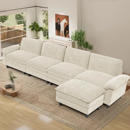 Vista 10 de Sofá modular modular de 118 pulgadas, cómodo sofá seccional de chenilla de 3 asientos para sala de estar, dormitorio y apartamento, color beige Pana