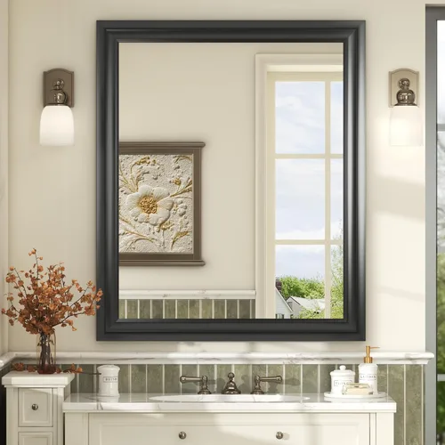 Vista 67 de Paquete de 2 espejos de baño con marco de metal negro de 22 x 30 pulgadas, espejo rectangular redondeado negro mate, antioxidante, se cuelga