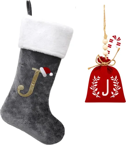 Vista 157 de Calcetines de Navidad bordados de 20 pulgadas con monograma, terciopelo negro con puño de felpa blanca supersuave, adornos clásicos para decoración