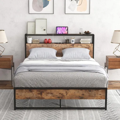 Vista 14 de Giantex Base de cama matrimonial con cabecero de luces LED y 4 cajones de almacenamiento, plataforma de metal con tomas de corriente y puertos USB