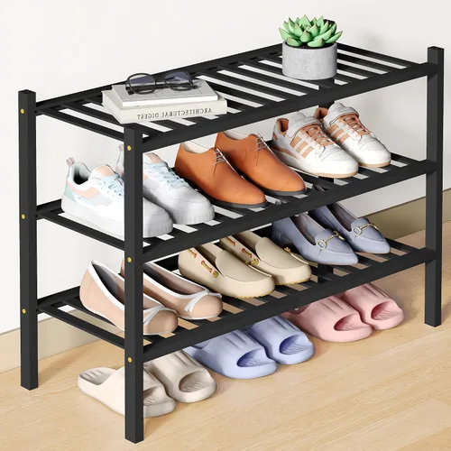 Vista 64 de Smiry Zapatero de bambú para armario, organizador de zapatos de madera de 3 niveles, estante apilable de almacenamiento de zapatos de madera