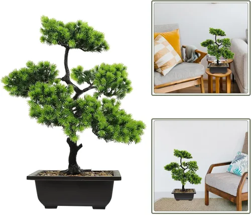 Vista 9 de HOMSFOU Árbol de pino bonsái artificial, simulación de imitación en maceta, exhibición de escritorio, adornos de bonsái falsos de pino japonés