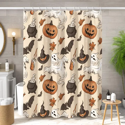 Vista 2 de Cortina de ducha divertida de Halloween, espeluznante y bonita, fantasma, calabazas, murciélagos, cortina de baño para niños, decoración