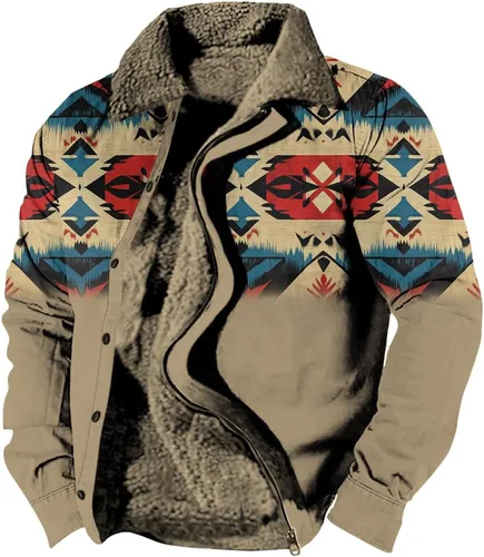 Vista 8 de LOAIHA Chaqueta de invierno para hombre, chaqueta azteca occidental para hombre, con cremallera, forro polar cálido, chaqueta vaquera, étnica vintage