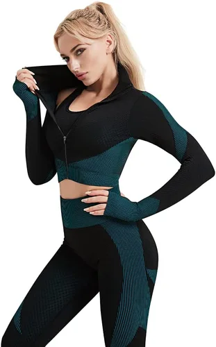 Vista 3 de TUMILKETS Conjunto deportivo de 3 piezas para mujer, sin costuras, manga corta, brasier deportivo, cintura alta, pantalones cortos de yoga