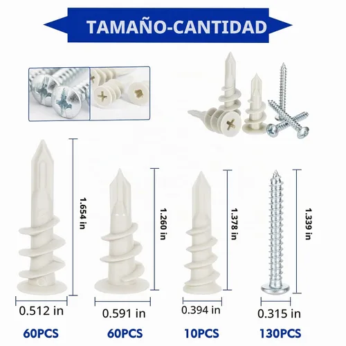 Vista 2 de 260 anclajes autoperforantes para paneles de yeso, 3 tamaños, anclajes de pared de plástico de nailon con tornillos para paneles de yeso,