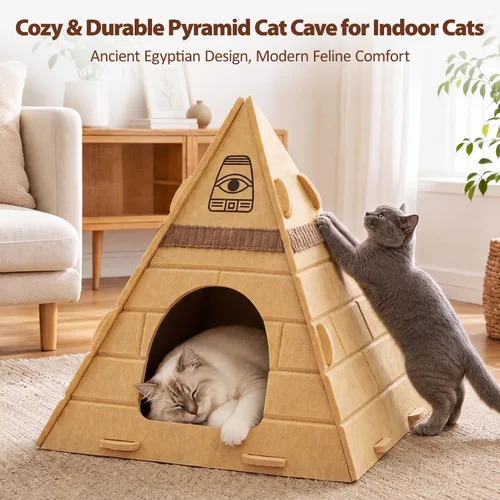 Vista 2 de Cueva para gatos, diseño piramidal de fieltro para gatos de interior Scratch-Resistant & Foldable Cat House, Calming Sleeping Hideaway, Pharaoh
