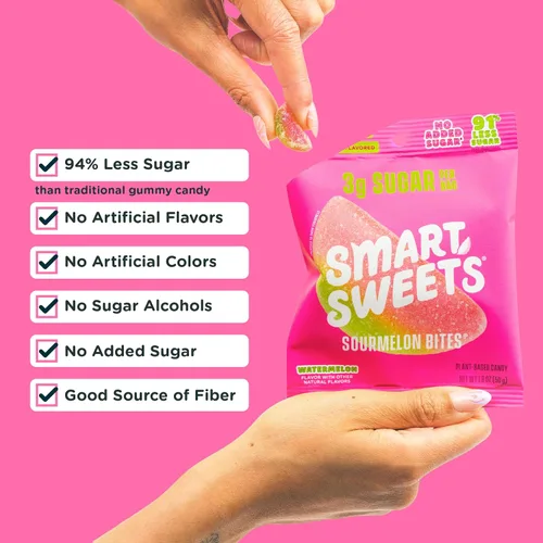Vista 4 de SmartSweets Sourmelon Bites Minis Snack Pack 0.78 onzas (paquete de 8) Caramelos de gomita agria bajos en azúcar y calorías Snacks saludables