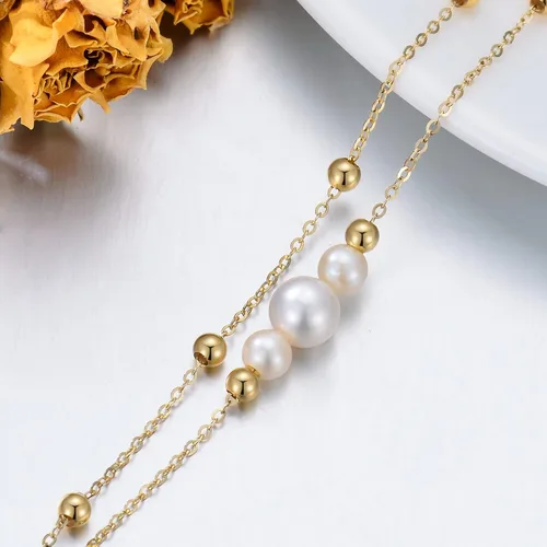 Vista 4 de Pulseras de perlas de oro de 14 quilates para mujer, pulsera de doble cadena de oro macizo con perlas cultivadas de agua dulce, joyería