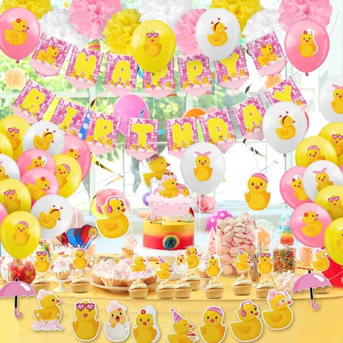 Vista 7 de Outus 77 piezas de decoración de fiesta de patito rosa, lindo accesorio de fiesta de cumpleaños de pato, incluye una bonita pancarta colgante