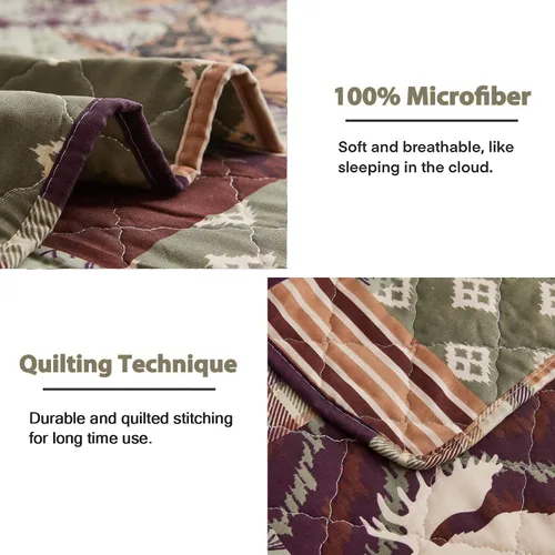 Vista 4 de Hailea Juego de ropa de cama de tamaño individual, juego de edredón rústico de cabaña de alce con funda de almohada, suave, reversible, para todas