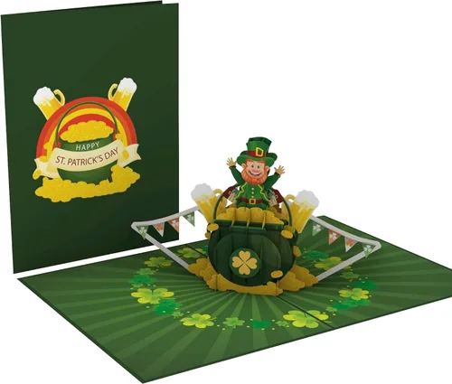 Vista 2 de iGifts And Cards Tarjeta desplegable 3D de duende de oro, diseño festivo de celebración irlandesa para cumpleaños del día de San Patricio y buena