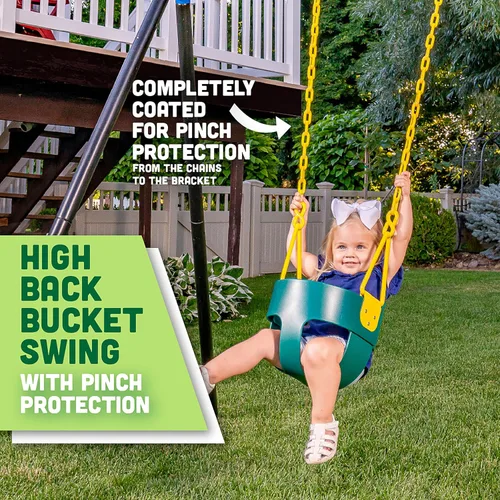 Vista 2 de Columpio de lujo con respaldo alto para niños pequeños con protección de pellizco, color verde Revestimiento patentado de cadena y conector