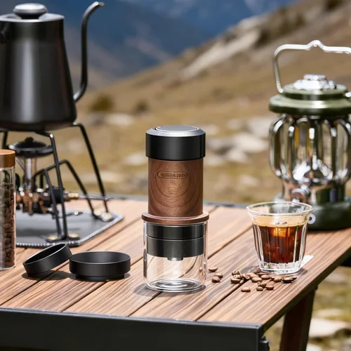 Vista 8 de M5 - Cafetera manual de café portátil con portafiltro sin fondo 2 en 1, sin electricidad para acampar, viajes, oficina, acero inoxidable con calidad