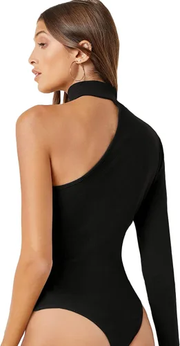 Vista 2 de Verdusa Leotardo de manga larga con corte halter de un hombro para mujer