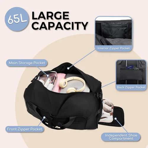 Vista 4 de Fmeida Bolsa de lona 65L, 65L-Negro, Bolsa de lona con compartimento para zapatos