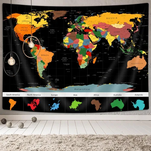 Vista 2 de Xguatan Tapiz de mapa del mundo para niños y estudiantes, mapa del mundo vintage, países educativos, ciudades, tapiz colgante de pared para aula