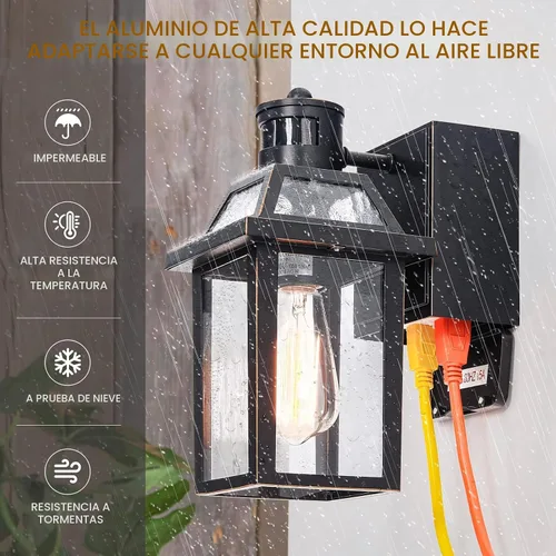 Vista 5 de Luces de porche con salida GFCI, luces exteriores del atardecer al amanecer con tomacorriente, 3 modos de iluminación exterior impermeable, luces