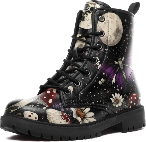 Vista 13 de Botas de Combate Florales de Setas para Mujer - Botas Góticas de Bosque Witchcore Tacón Grueso Cuero Vegano Moda con Cordones Botines Negros