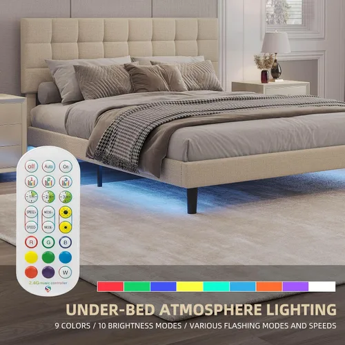 Vista 5 de Base de cama moderna de plataforma tapizada de tamaño Queen, marco de cama de lino con luces, cabecera ajustable con costuras cuadradas, sistema