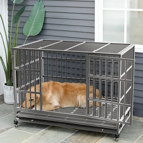 Vista 8 de LEMBERI - Jaula para perro indestructible y resistente de 48/38 pulgadas, a prueba de escapes con ruedas bloqueables, doble puerta para evitar