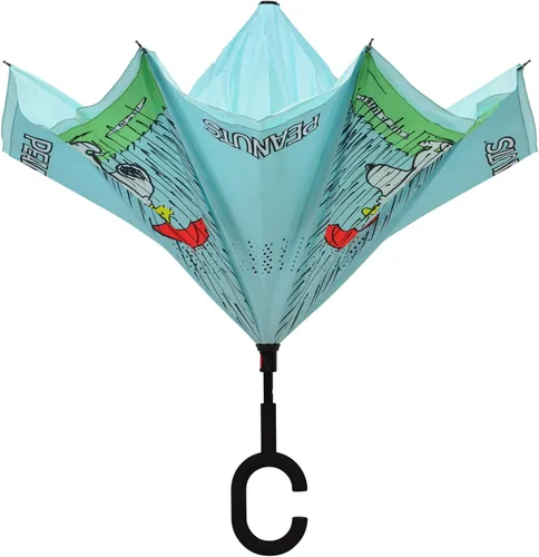 Vista 2 de Peanuts Snoopy Woodstock Blue Revers-A-Brella - Paraguas invertido con mango en C sin goteo, Cacahuetes azules, Compacto
