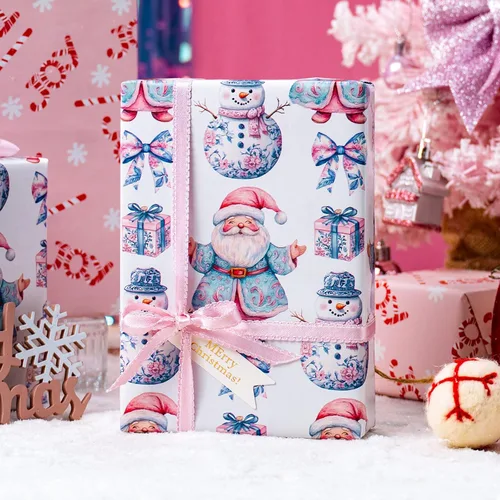 Vista 2 de Homeral Rollo de papel de regalo de Navidad, Papá Noel, muñeco de nieve y lazo y bastones de caramelo rosados, envoltura de regalo reversible