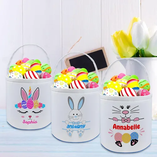 Vista 5 de Cesta de Pascua personalizada con nombre para niños, lona personalizada, cubo de Pascua, regalo para niños y niñas